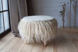 Round Cream Pouf, Flokati Pouf Ottoman, Boho Furniture, Ottoman With Legs, Minimalist Made Of 100% Sheeps Wool