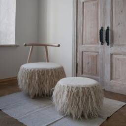Round Cream Pouf, Flokati Pouf Ottoman, Boho Furniture, Ottoman With Legs, Minimalist Made Of 100% Sheeps Wool - thumbnail 3