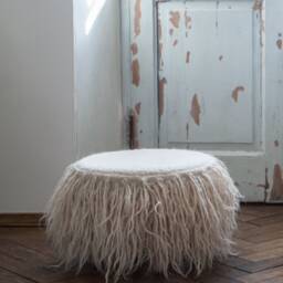 Round Cream Pouf, Flokati Pouf Ottoman, Boho Furniture, Ottoman With Legs, Minimalist Made Of 100% Sheeps Wool - thumbnail 2