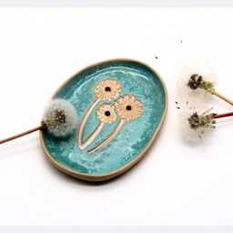 Dandelion Ceramic Soap Dish With Drainage, Handmade Holder, Turquoise Pottery Bathroom Decor, Nature Inspired Gift For Her - thumbnail 2