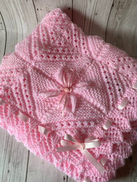 Hand Knit Baby Blanket Acrylic Pram Cover With Satin Ribbon - image 1
