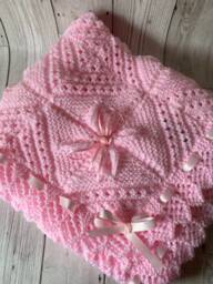 Hand Knit Baby Blanket Acrylic Pram Cover With Satin Ribbon - thumbnail 1