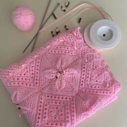 Hand Knit Baby Blanket Acrylic Pram Cover With Satin Ribbon - thumbnail 3