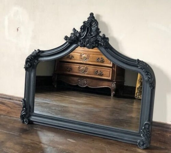 Antique Style Matte Black Gothic Overmantle Arched Fireplace Mirror Swept Scroll Arch Shabby Chic Ornate French Wall Leaner - image 1