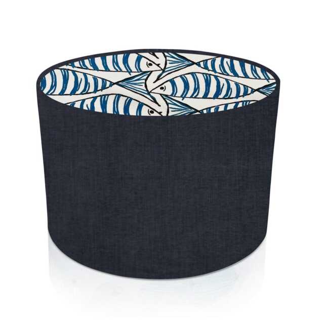 Handmade Velour Ink Lampshade, Navy Exterior, Mackerel Fish Interior - image 1