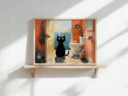 Matisse Inspired Black Cat Fine Art Print, Restroom Art. Feline Illustration, Beach House Print - thumbnail 1