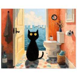 Matisse Inspired Black Cat Fine Art Print, Restroom Art. Feline Illustration, Beach House Print - thumbnail 3