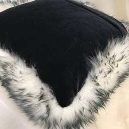 Ivory/Charcoal Sheepskin Fur Pillow W Black Velvet - thumbnail 3