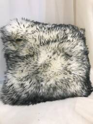 Ivory/Charcoal Sheepskin Fur Pillow W Black Velvet - thumbnail 1