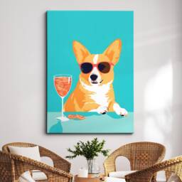 Vibrant Corgi Drinking With Glasses Painting Framed Poster Print & Canvas Wall Decor Art Bedroom Home Interior Dog Lover Gift Idea