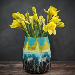 Dark Blue Bright Yellow Vase For Daffodils Nature Landscape Hand Painted On Glass Handmade Modern Home Gift Idea For Him - thumbnail 2