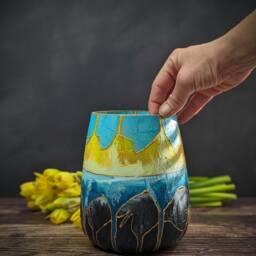 Dark Blue Bright Yellow Vase For Daffodils Nature Landscape Hand Painted On Glass Handmade Modern Home Gift Idea For Him - thumbnail 3