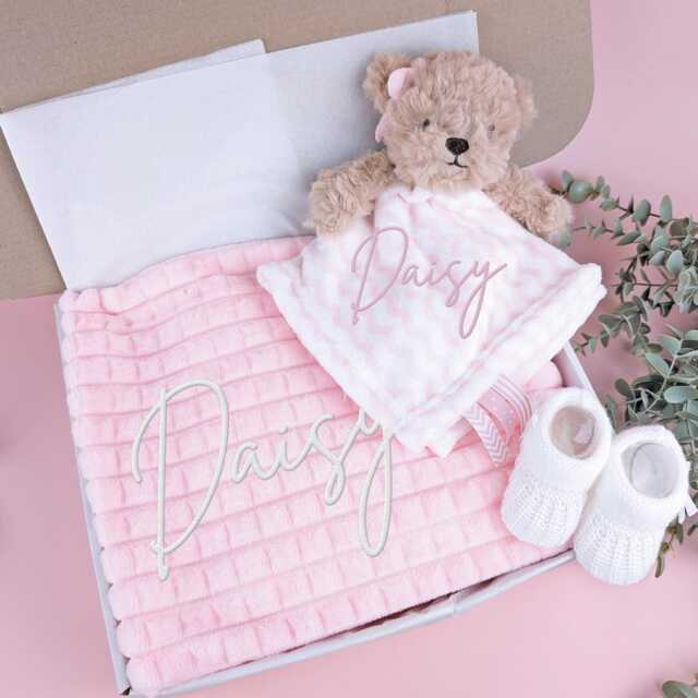 Embroidered Pink Teddy Bear Comforter Blanket Gift Set - Baby Shower Booties Newborn Girl - image 1
