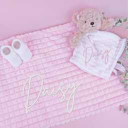 Embroidered Pink Teddy Bear Comforter Blanket Gift Set - Baby Shower Booties Newborn Girl - thumbnail 2