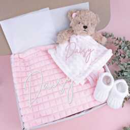 Embroidered Pink Teddy Bear Comforter Blanket Gift Set - Baby Shower Booties Newborn Girl - thumbnail 1