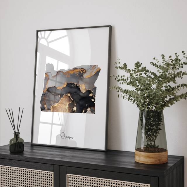 Oregon Map Black & Gold Wall Art Print Us State - Usa United States Of America - image 1
