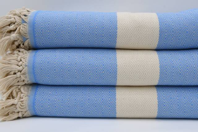 "Turkish Bedspread, Turquoise Blanket, Beach Throw, 79""x95" - image 1