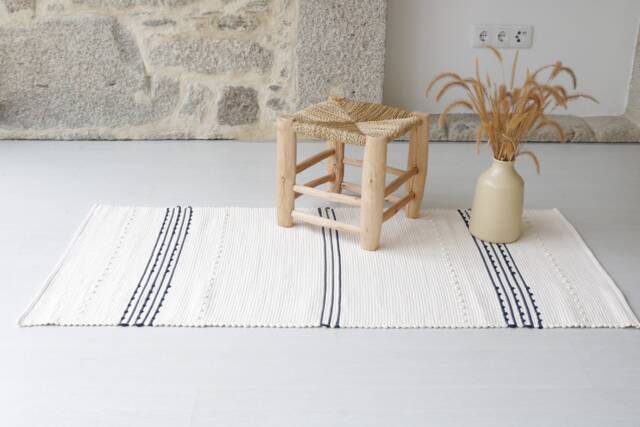 Medium White & Blue Rug, Bathroom Kitchen Bedroom Shower Washable Geometric Farmhouse Decor, Striped Rug - image 1