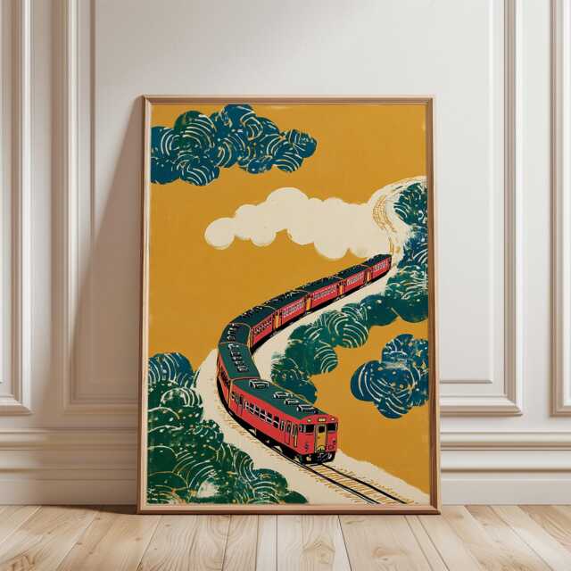 Vintage Train Landscape Poster - Red Railway Illustration Mid Century Travel Wall Art - image 1