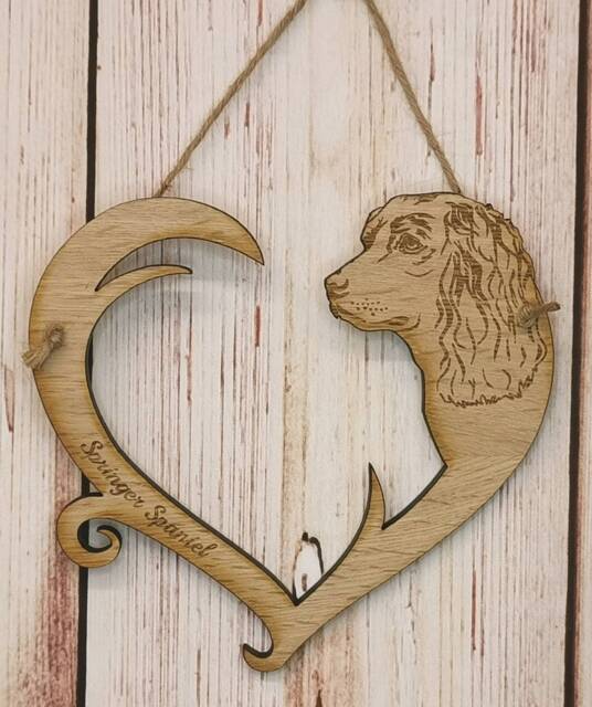 Personalized Springer Spaniel Dog Heart Hanger - Oak Veneer Wall Decor - image 1