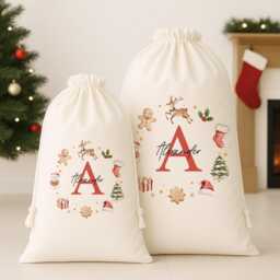 Personalised Canvas Santa Sack - Initial Wreath Baby's First Christmas Merry Xmas Present Gift Wrap - thumbnail 3