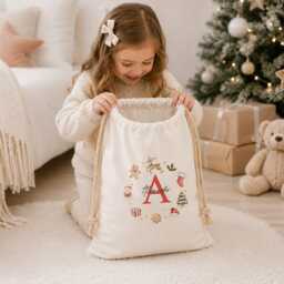 Personalised Canvas Santa Sack - Initial Wreath Baby's First Christmas Merry Xmas Present Gift Wrap - thumbnail 2
