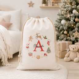 Personalised Canvas Santa Sack - Initial Wreath Baby's First Christmas Merry Xmas Present Gift Wrap