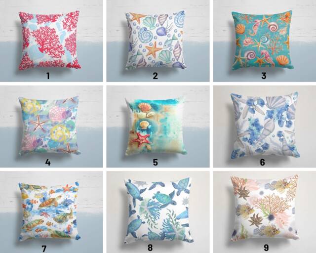 Nautical Cushion Cover/Coral Beach House Pillow Case/Sea Square Throw Pillow/Seashell Turtle Outdoor Garden Decor Fish Cover - image 1