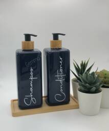 Personalised Navy Blue Square Soap Dispenser Bottle With Black Bamboo Pump 500Ml
