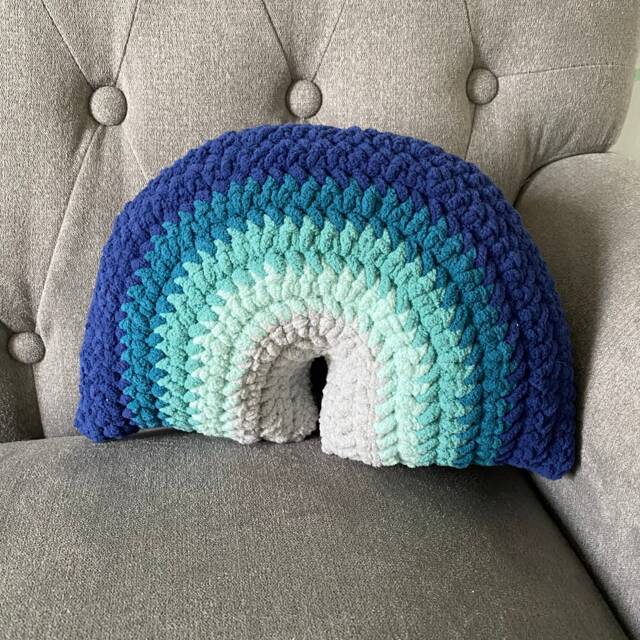 Crochet Rainbow Pillow - Sea Glass Blue Ombre Cushion Stuffy Stuffie Toy - image 1
