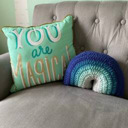 Crochet Rainbow Pillow - Sea Glass Blue Ombre Cushion Stuffy Stuffie Toy - thumbnail 2