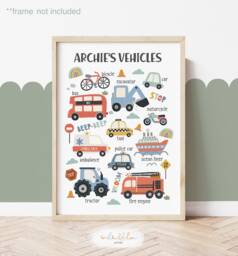 Personalised Scandi Cars Print, Transport Vehicles Educational Poster, Boy Nursery Decor, Playroom Prints, Kids Wall Art - thumbnail 1