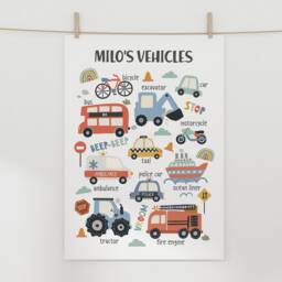 Personalised Scandi Cars Print, Transport Vehicles Educational Poster, Boy Nursery Decor, Playroom Prints, Kids Wall Art - thumbnail 2