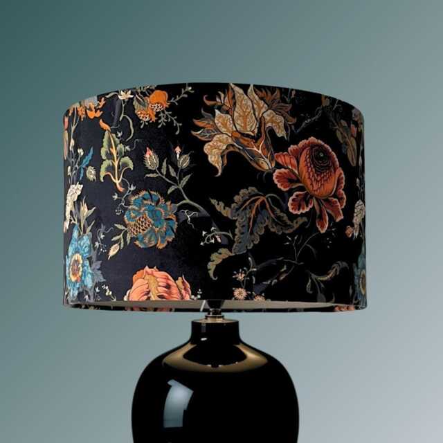 Luxury Mallion & Knowles Athena Drum Lampshade in Midnight Black Floral Velvet - image 1