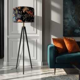 Luxury Mallion & Knowles Athena Drum Lampshade in Midnight Black Floral Velvet - thumbnail 2