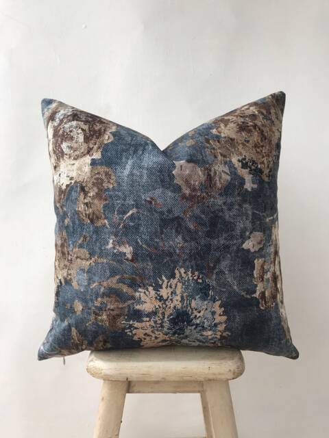 Navy Blue & Brown Floral Cotton Velvet Pillow Cover , Teal Flower Accent Case Dark Taupe , Nautical Euro Sham - image 1