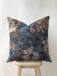 Navy Blue & Brown Floral Cotton Velvet Pillow Cover , Teal Flower Accent Case Dark Taupe , Nautical Euro Sham