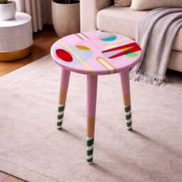 Handmade Pink Resin Coffee Table, Geometric Painted Leg Art - thumbnail 4