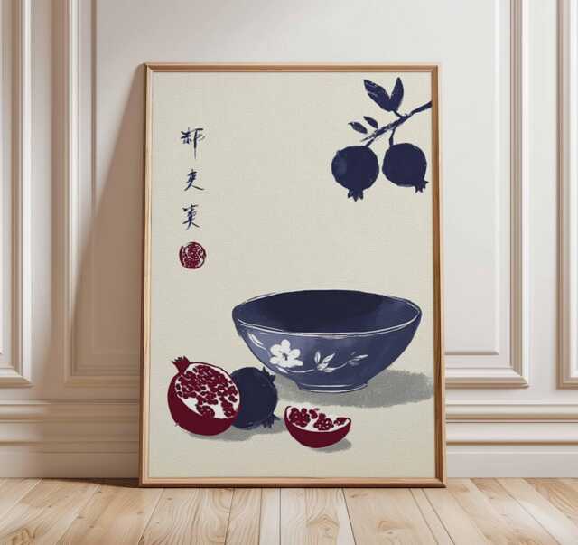 Japanese Pomegranate Wall Art Print, Minimalist Still Life Poster, Asian Style Kitchen Decor, Blue & Red Botanical Illustration - image 1