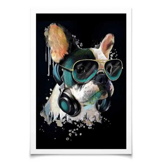 French Bulldog Art Print Headphones & Glasses, Trendy Dog Decor - image 1