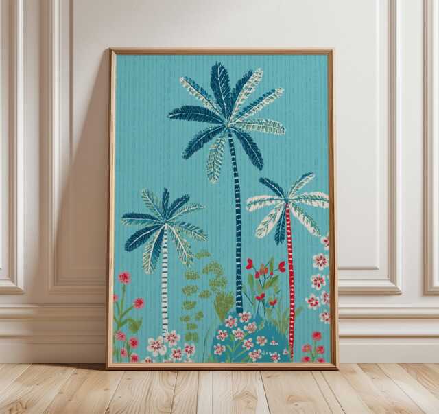 Tropical Palm Tree Art Print, Modern Coastal Wall Art, Blue & Coral Botanical Poster, Contemporary Beach Decor - image 1