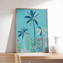 Tropical Palm Tree Art Print, Modern Coastal Wall Art, Blue & Coral Botanical Poster, Contemporary Beach Decor - thumbnail 2