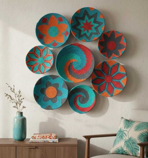 Boho Wicker Basket Wall Decor Colorful African Design, Set Of 9 - image 1