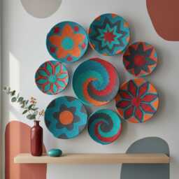 Boho Wicker Basket Wall Decor Colorful African Design, Set Of 9 - thumbnail 2