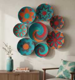 Boho Wicker Basket Wall Decor Colorful African Design, Set Of 9