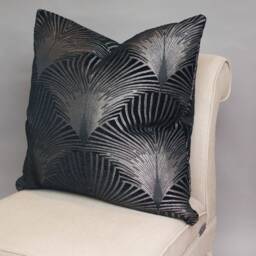 Art Deco Xl Square Cushion. Double Sided Luxury Velvet Chenille. Black & Silver. 23X23