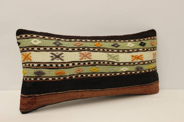 Vintage Turkish Kilim Pillow Cover, Accent Lumbar Cushion - 10x20 In - image 1