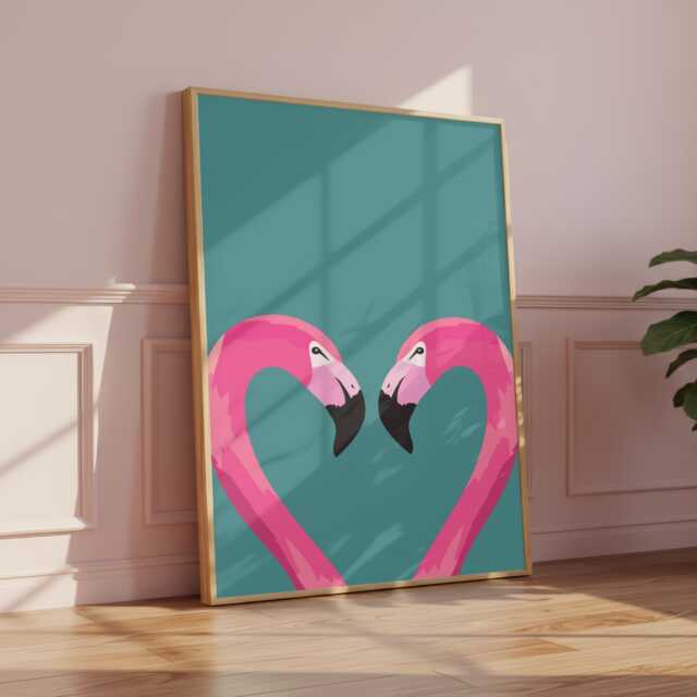 Flamingo Heart Art Print, Pink Birds in Love. Glossy Print - image 1