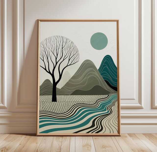 Abstract Mountain Tree Poster - Teal Landscape Wall Art Minimal Nature Print - image 1