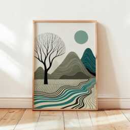 Abstract Mountain Tree Poster - Teal Landscape Wall Art Minimal Nature Print - thumbnail 4